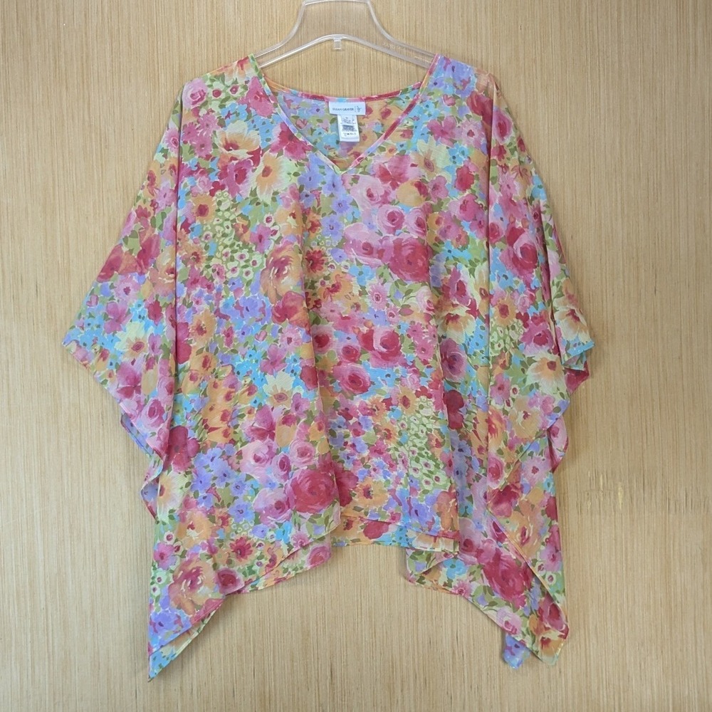 Susan Graver Women Floral Colorful Sheer Top Size 1X Asymmetrical Hem V-Neck